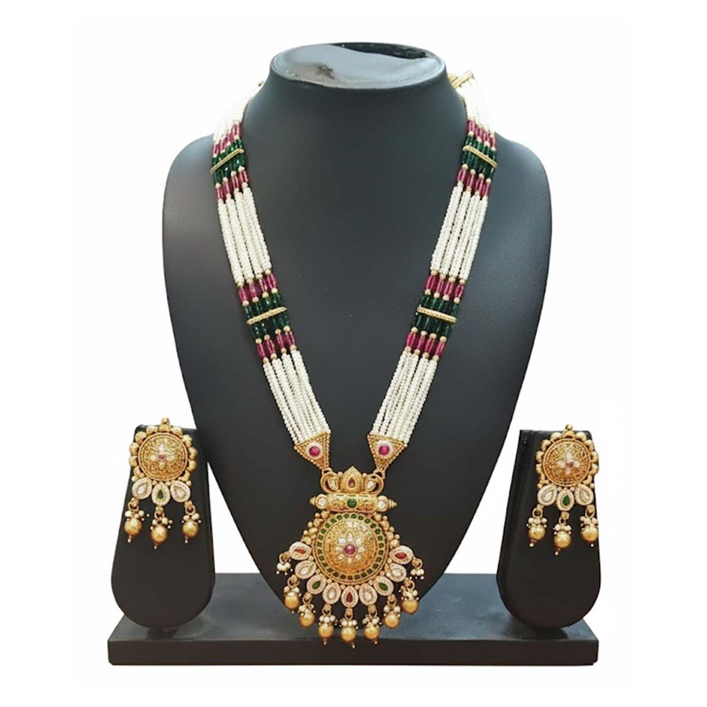 Shining Jewel by Shivansh Handcrated Traditional Multi-Strand Pearl & Kundan Long Necklace Set with Earrings & Adjustable Dori for Women - SJN_343