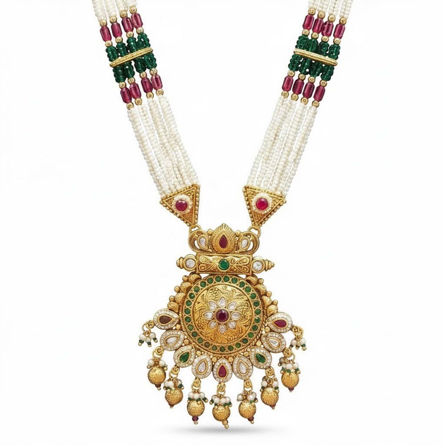 Shining Jewel by Shivansh Handcrated Traditional Multi-Strand Pearl & Kundan Long Necklace Set with Earrings & Adjustable Dori for Women - SJN_343