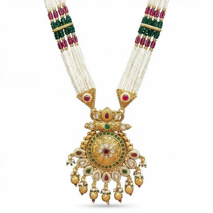 Shining Jewel by Shivansh Handcrated Traditional Multi-Strand Pearl & Kundan Long Necklace Set with Earrings & Adjustable Dori for Women - SJN_343