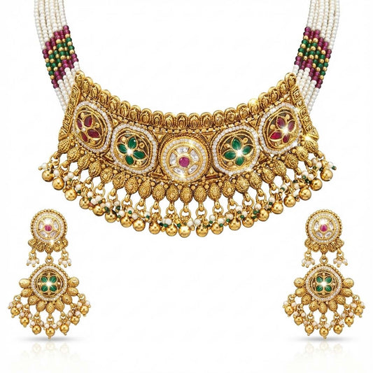 Shining Jewel Traditional Handcrated Indian Matte Antique Gold Plated Kundan,CZ, Pearl,Studded Choker Necklace with Matching Earring Jewelry Set For Women SJN_344