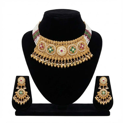 Shining Jewel Traditional Handcrated Indian Matte Antique Gold Plated Kundan,CZ, Pearl,Studded Choker Necklace with Matching Earring Jewelry Set For Women SJN_344