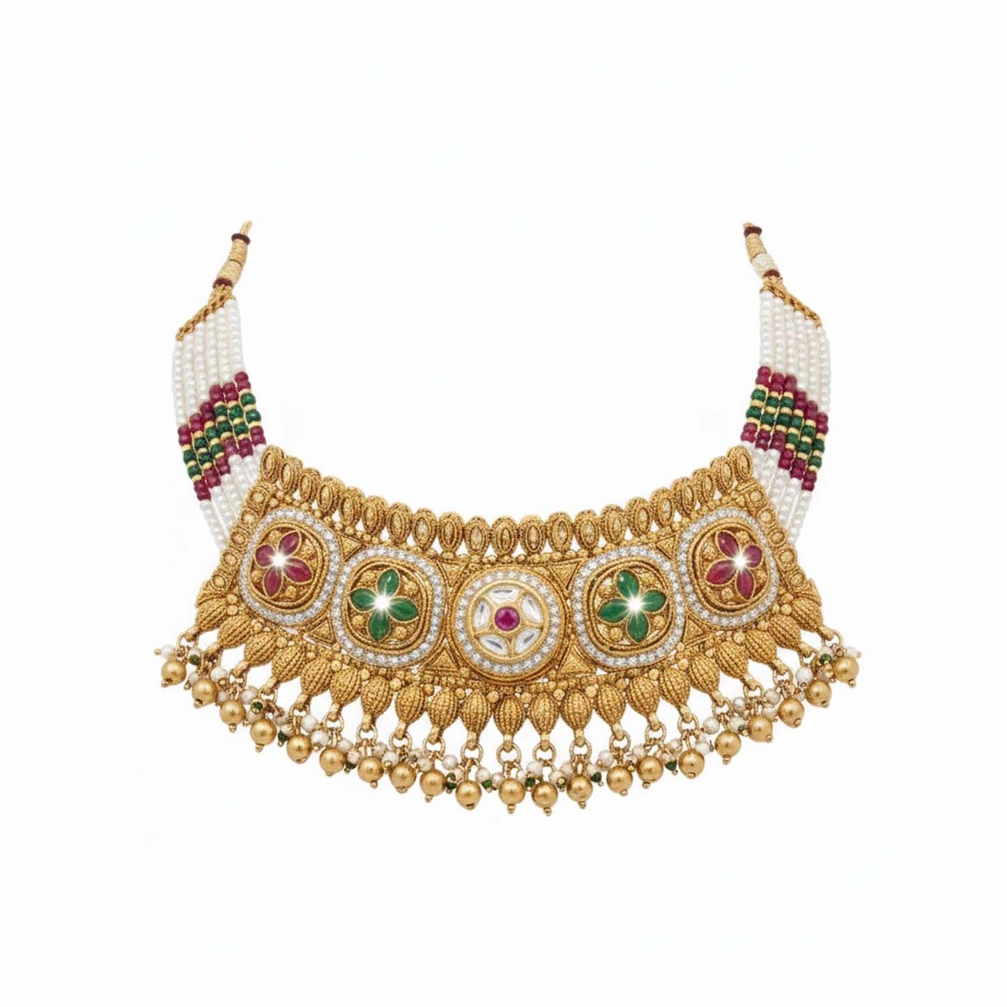 Shining Jewel Traditional Handcrated Indian Matte Antique Gold Plated Kundan,CZ, Pearl,Studded Choker Necklace with Matching Earring Jewelry Set For Women SJN_344