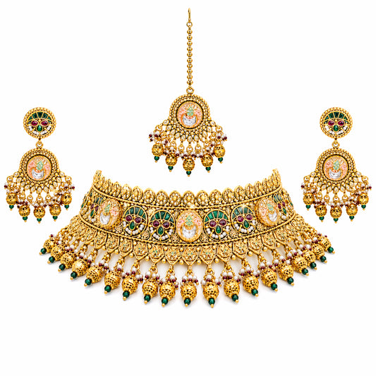 Traditional Indian Heritage Gold Plated Kundan,CZ, Studded Choker Wedding, Bridal Dori Necklace with Matching Earring Jewelry Set For Women - SJN_345