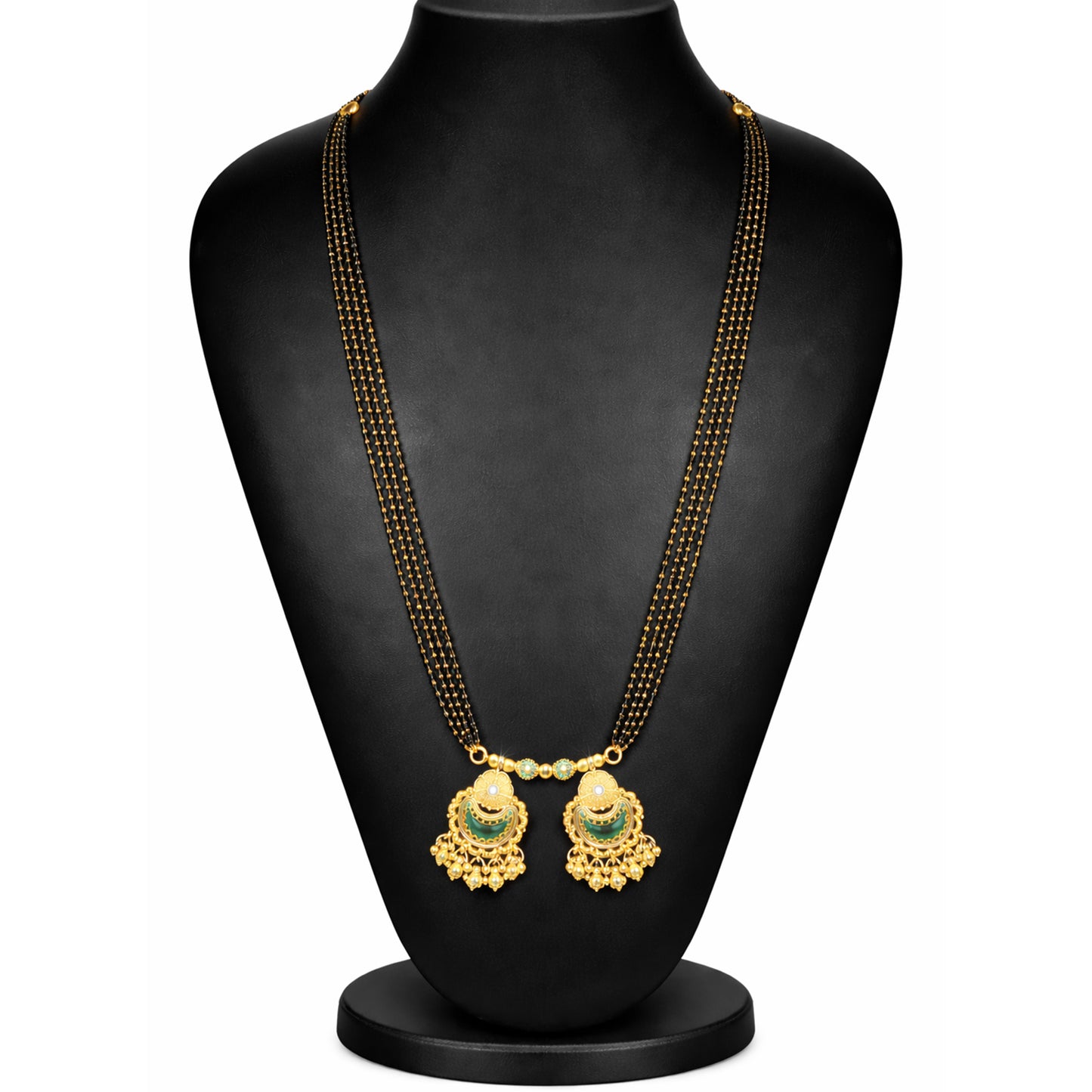 Traditional Heritage Long Black Beads Tanmaniya Mangalsutra with Kundan & CZ Antique Gold Plated Temple Pendant for Women - (SJN_346_D1)