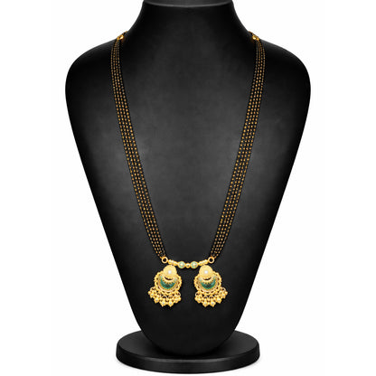 Traditional Heritage Long Black Beads Tanmaniya Mangalsutra with Kundan & CZ Antique Gold Plated Temple Pendant for Women - (SJN_346_D1)