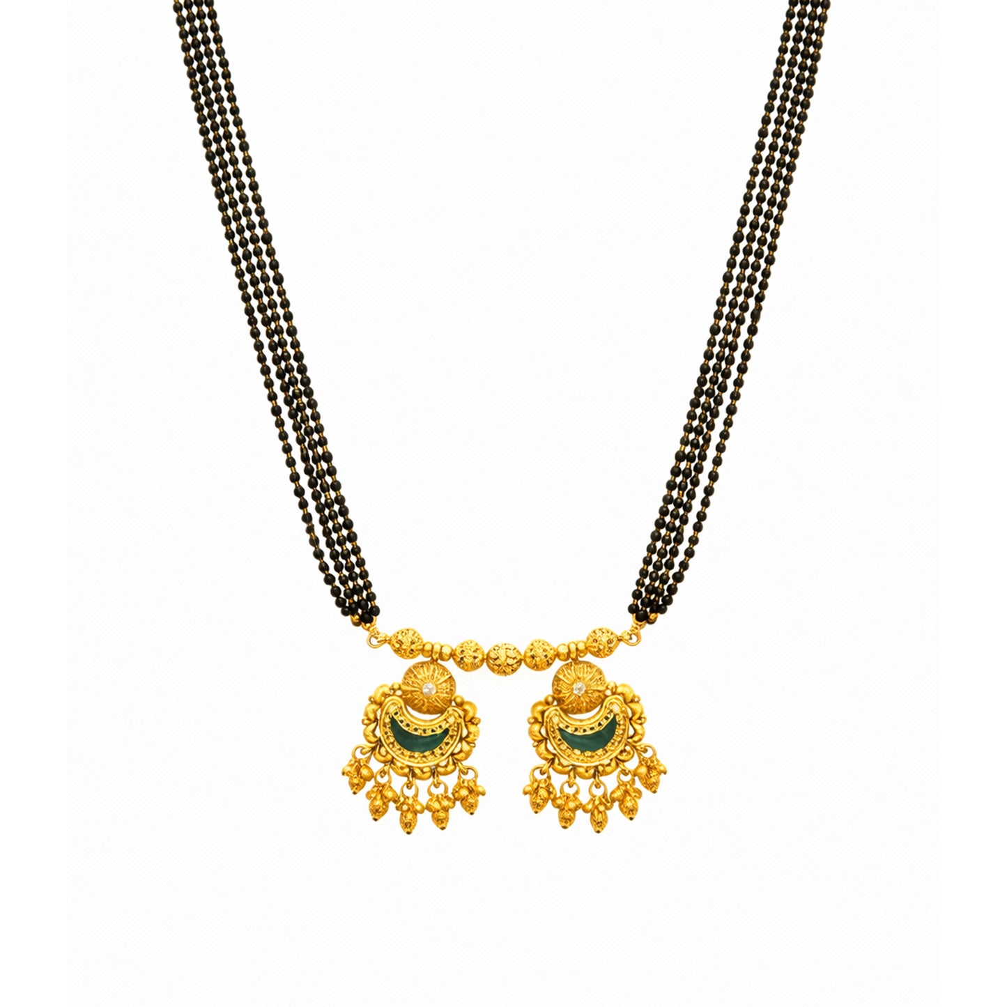 Traditional Heritage Long Black Beads Tanmaniya Mangalsutra with Kundan & CZ Antique Gold Plated Temple Pendant for Women - (SJN_346_D1)