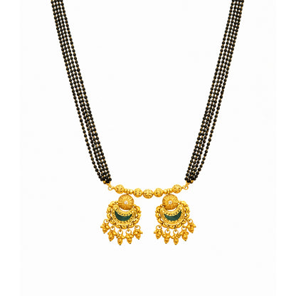 Traditional Heritage Long Black Beads Tanmaniya Mangalsutra with Kundan & CZ Antique Gold Plated Temple Pendant for Women - (SJN_346_D1)