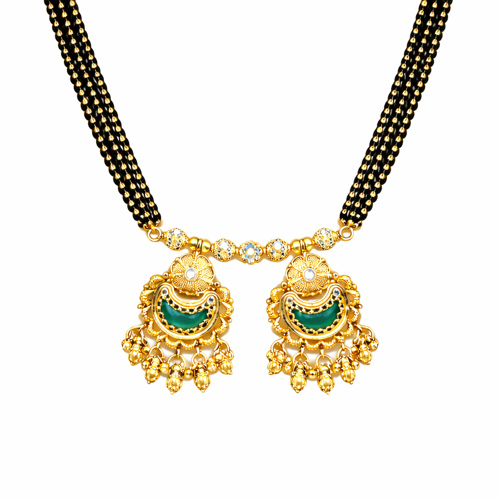 Traditional Heritage Long Black Beads Tanmaniya Mangalsutra with Kundan & CZ Antique Gold Plated Temple Pendant for Women - (SJN_346_D1)