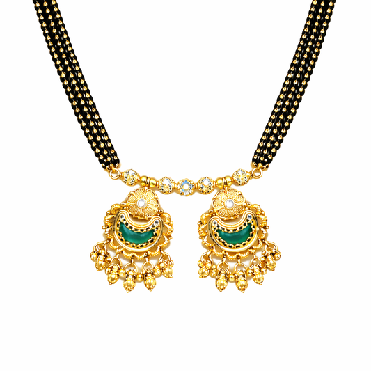Traditional Heritage Long Black Beads Tanmaniya Mangalsutra with Kundan & CZ Antique Gold Plated Temple Pendant for Women - (SJN_346_D1)