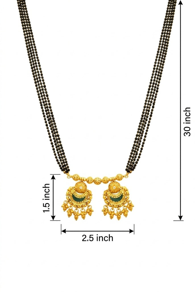 Traditional Heritage Long Black Beads Tanmaniya Mangalsutra with Kundan & CZ Antique Gold Plated Temple Pendant for Women - (SJN_346_D1)