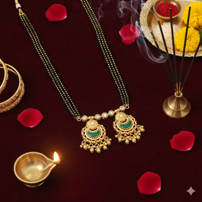 Traditional Heritage Long Black Beads Tanmaniya Mangalsutra with Kundan & CZ Antique Gold Plated Temple Pendant for Women - (SJN_346_D1)