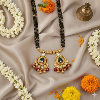 Traditional Heritage Long Black Beads Tanmaniya Mangalsutra with Kundan & CZ Antique Gold Plated Temple Pendant for Women - (SJN_346_D2)