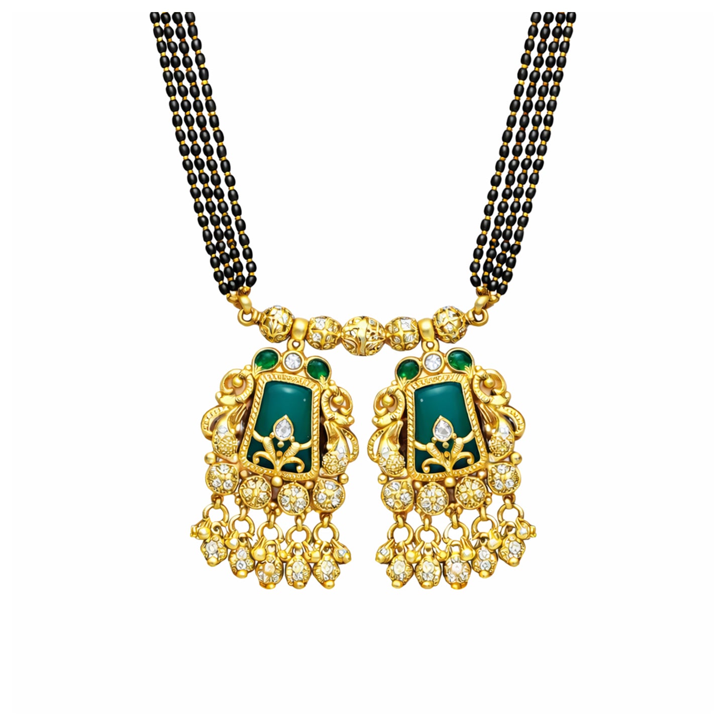 Traditional Heritage Long Black Beads Tanmaniya Mangalsutra with Kundan & CZ Antique Gold Plated Temple Pendant for Women - (SJN_346_D3)