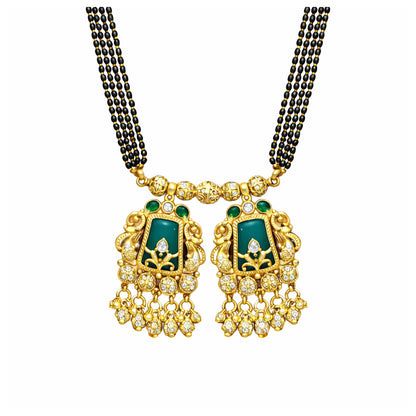 Traditional Heritage Long Black Beads Tanmaniya Mangalsutra with Kundan & CZ Antique Gold Plated Temple Pendant for Women - (SJN_346_D3)