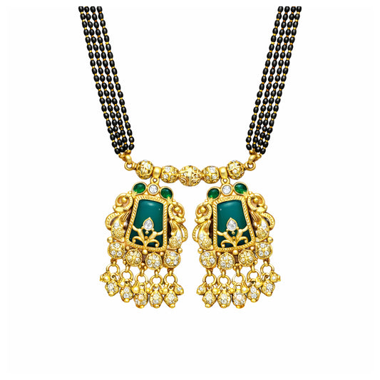 Traditional Heritage Long Black Beads Tanmaniya Mangalsutra with Kundan & CZ Antique Gold Plated Temple Pendant for Women - (SJN_346_D3)