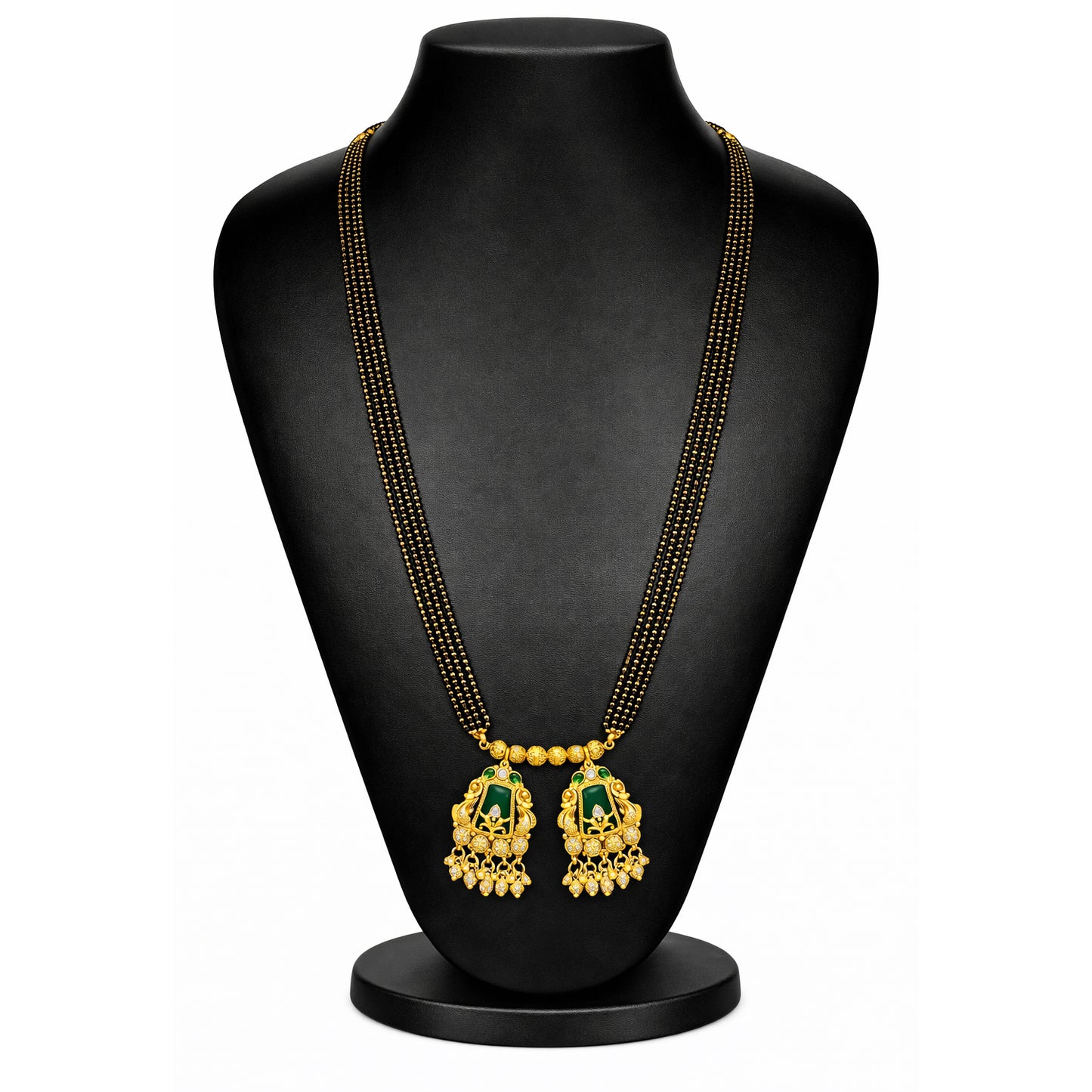 Traditional Heritage Long Black Beads Tanmaniya Mangalsutra with Kundan & CZ Antique Gold Plated Temple Pendant for Women - (SJN_346_D3)