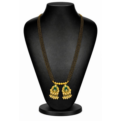 Traditional Heritage Long Black Beads Tanmaniya Mangalsutra with Kundan & CZ Antique Gold Plated Temple Pendant for Women - (SJN_346_D3)