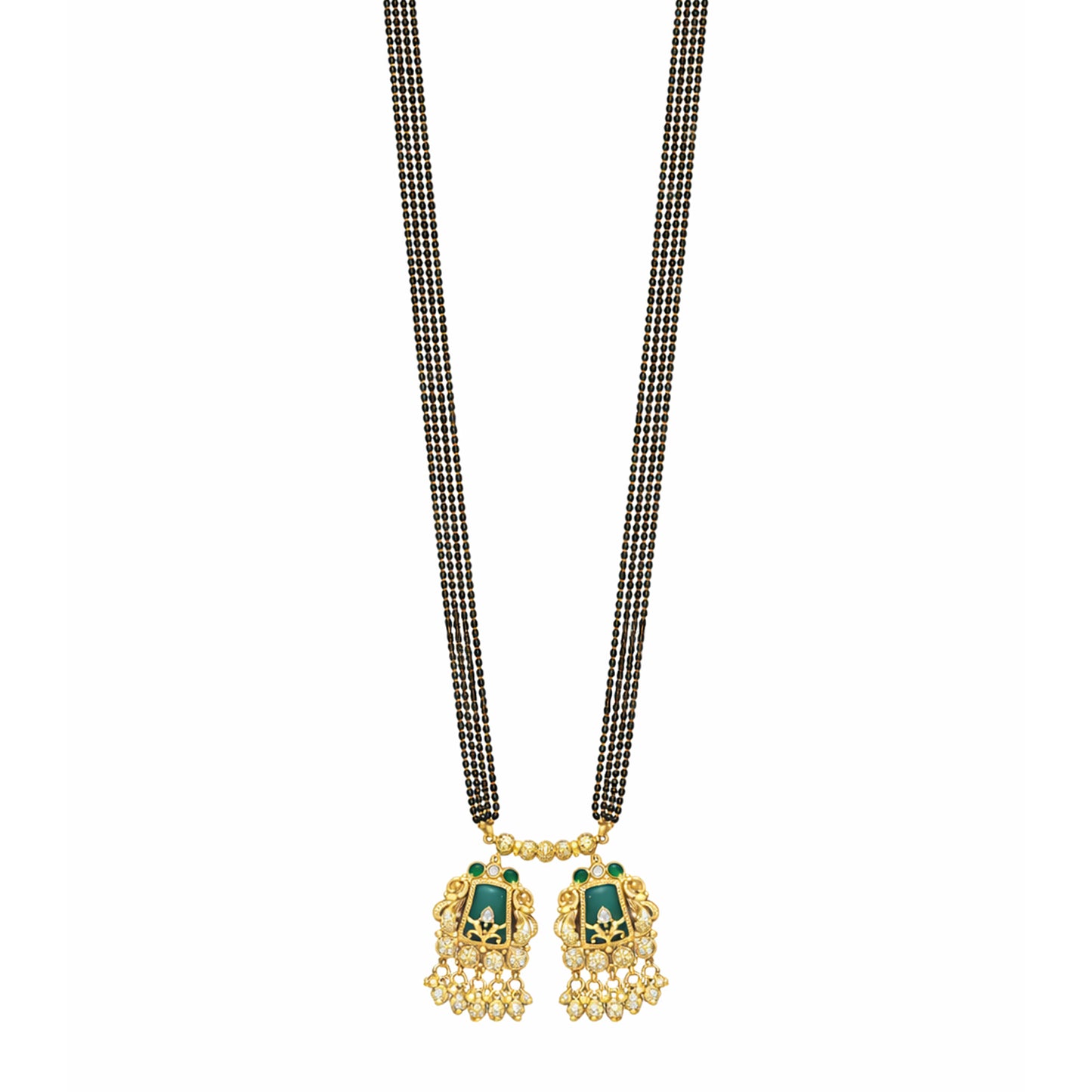 Traditional Heritage Long Black Beads Tanmaniya Mangalsutra with Kundan & CZ Antique Gold Plated Temple Pendant for Women - (SJN_346_D3)