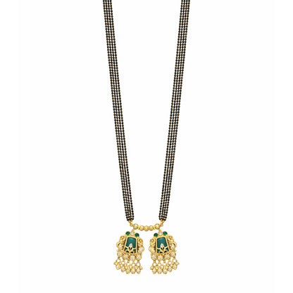 Traditional Heritage Long Black Beads Tanmaniya Mangalsutra with Kundan & CZ Antique Gold Plated Temple Pendant for Women - (SJN_346_D3)