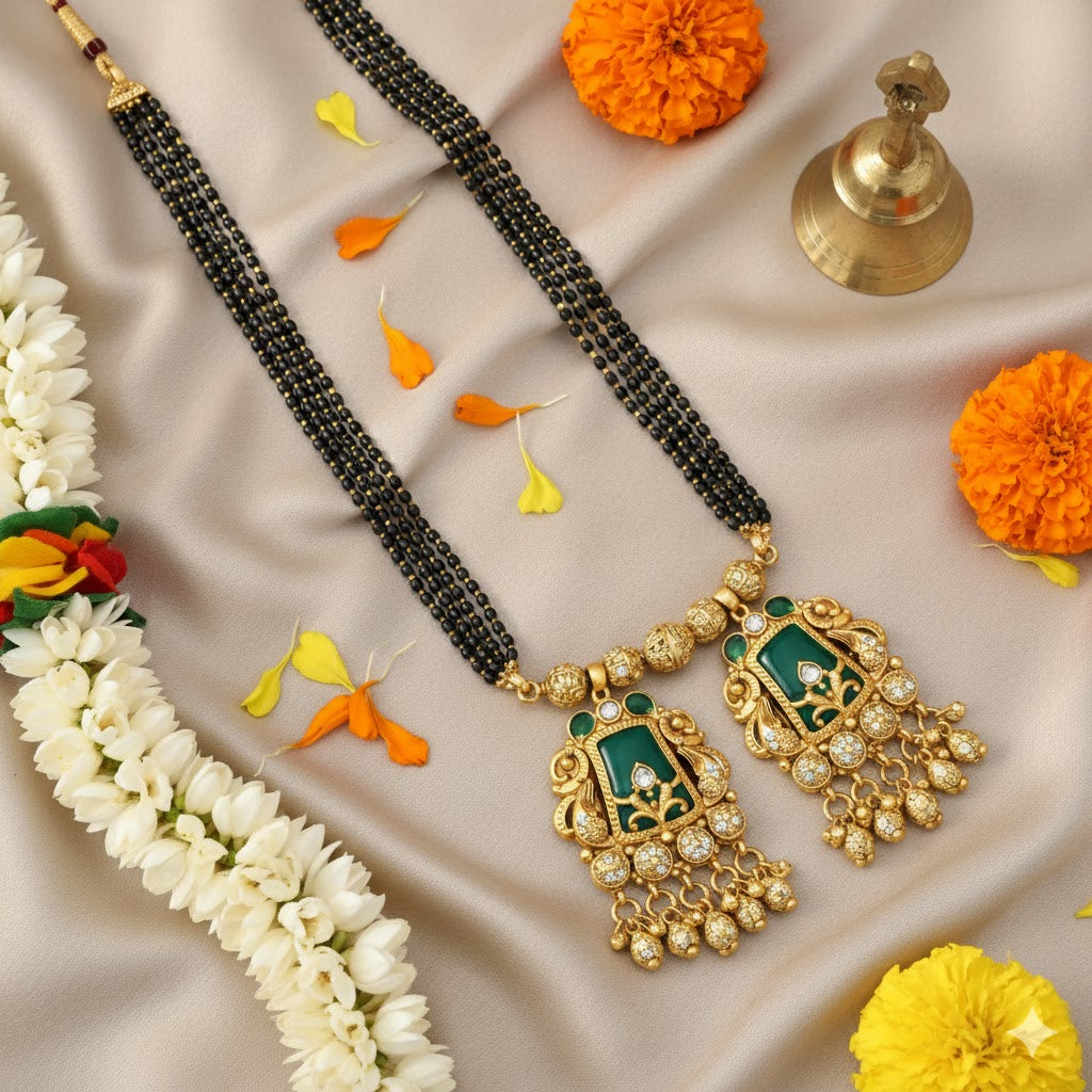 Traditional Heritage Long Black Beads Tanmaniya Mangalsutra with Kundan & CZ Antique Gold Plated Temple Pendant for Women - (SJN_346_D3)