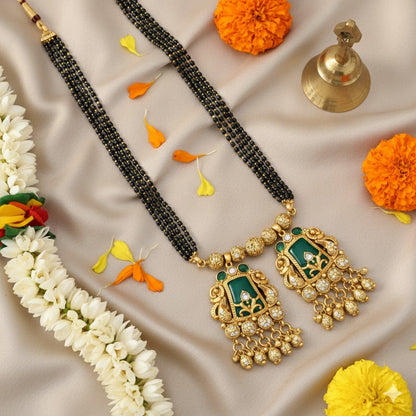 Traditional Heritage Long Black Beads Tanmaniya Mangalsutra with Kundan & CZ Antique Gold Plated Temple Pendant for Women - (SJN_346_D3)