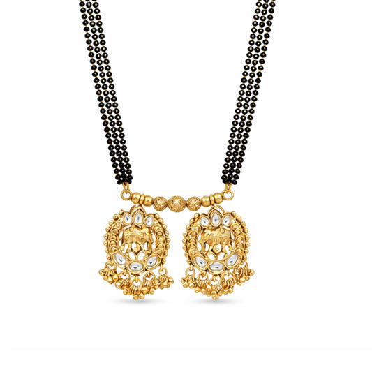Traditional Long Black Beads Tanmaniya Mangalsutra with Antique Gold Plated Elephant Design Pendant for Women (SJN_348)