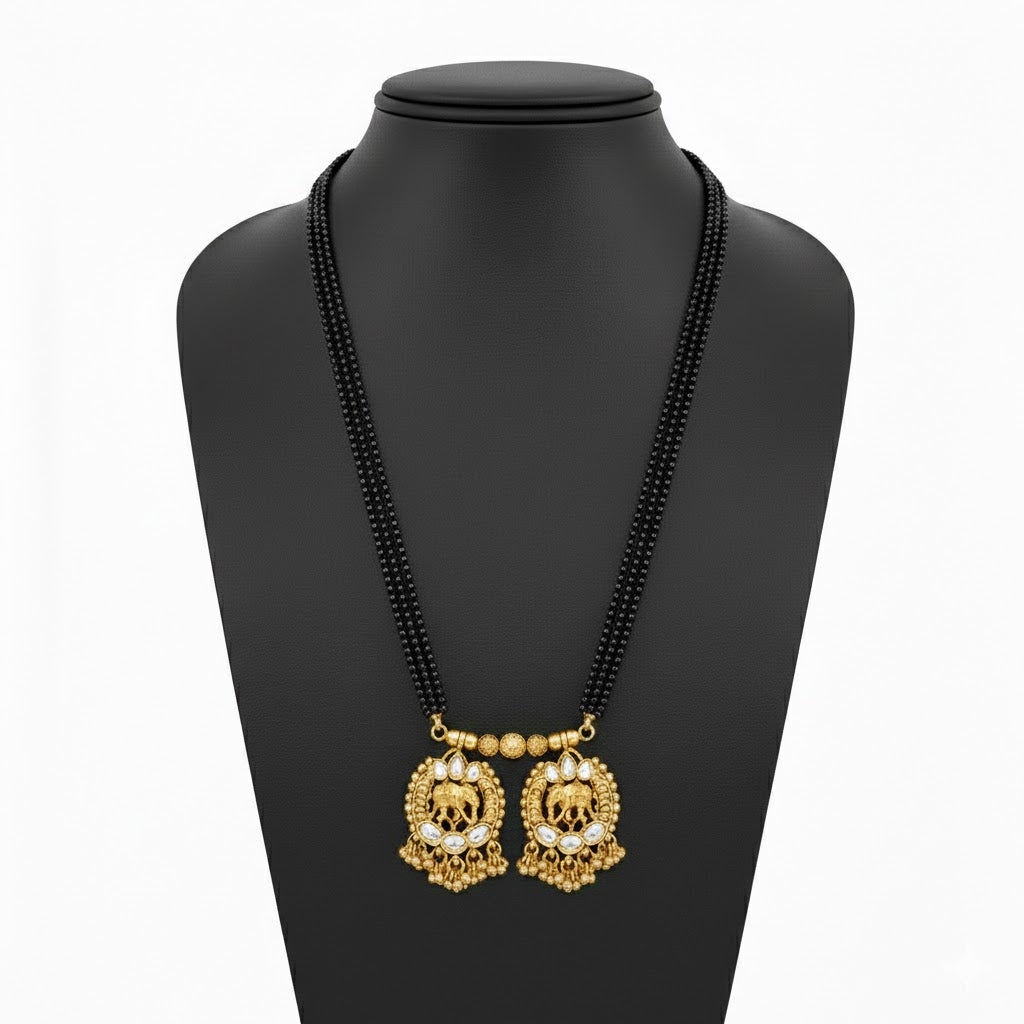 Traditional Long Black Beads Tanmaniya Mangalsutra with Antique Gold Plated Elephant Design Pendant for Women (SJN_348)