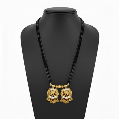 Traditional Long Black Beads Tanmaniya Mangalsutra with Antique Gold Plated Elephant Design Pendant for Women (SJN_348)