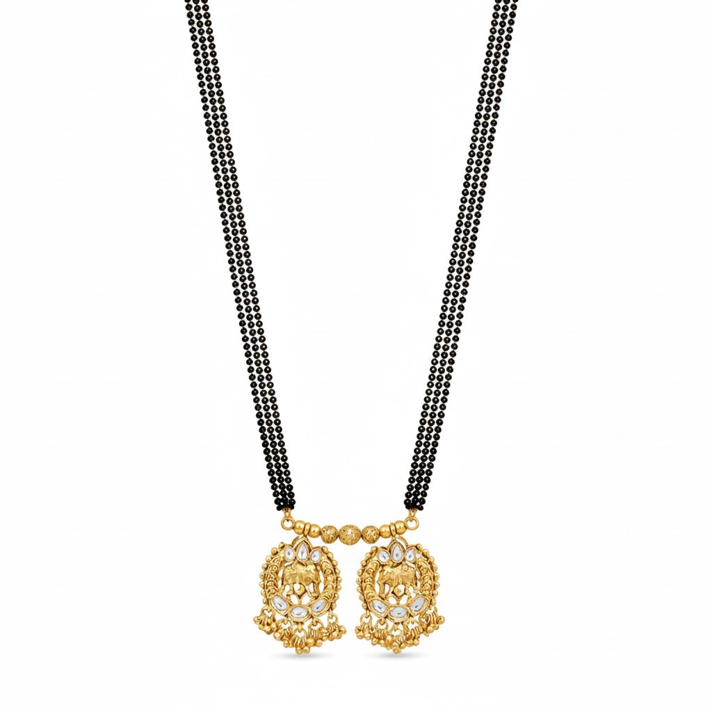 Traditional Long Black Beads Tanmaniya Mangalsutra with Antique Gold Plated Elephant Design Pendant for Women (SJN_348)