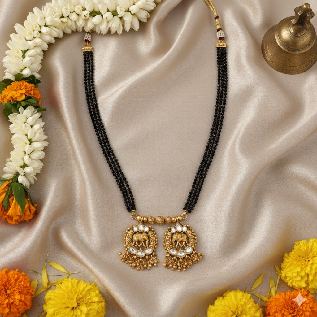 Traditional Long Black Beads Tanmaniya Mangalsutra with Antique Gold Plated Elephant Design Pendant for Women (SJN_348)