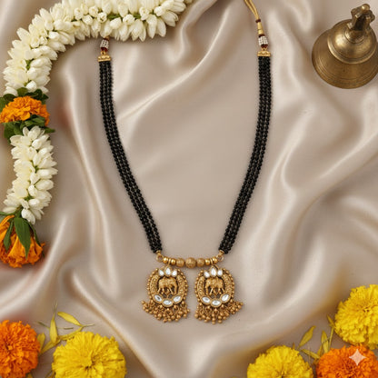 Traditional Long Black Beads Tanmaniya Mangalsutra with Antique Gold Plated Elephant Design Pendant for Women (SJN_348)