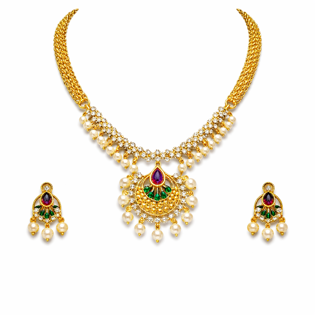 Gold Plated CZ, Crystal & AD Pendant Necklace Jewellery Set with Matching Earrings for Women – SJN_350