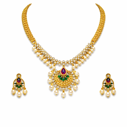 Gold Plated CZ, Crystal & AD Pendant Necklace Jewellery Set with Matching Earrings for Women – SJN_350