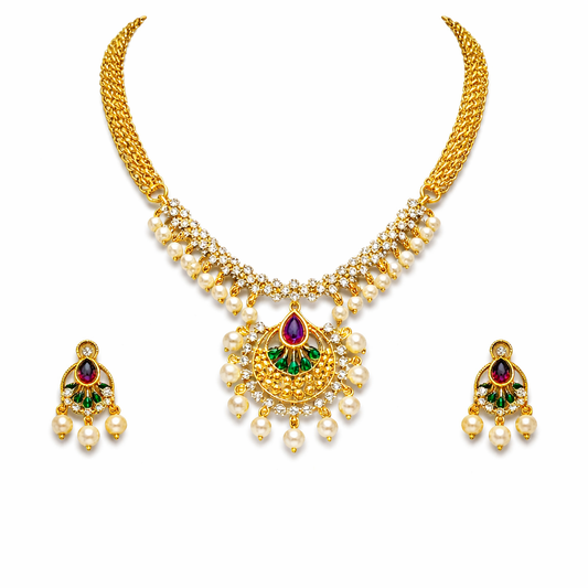 Gold Plated CZ, Crystal & AD Pendant Necklace Jewellery Set with Matching Earrings for Women – SJN_350