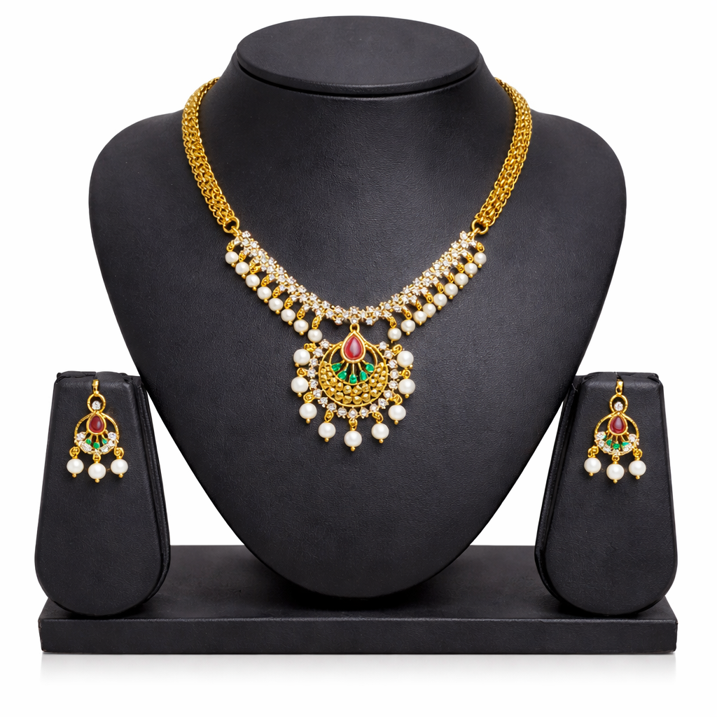 Gold Plated CZ, Crystal & AD Pendant Necklace Jewellery Set with Matching Earrings for Women – SJN_350