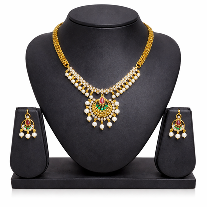 Gold Plated CZ, Crystal & AD Pendant Necklace Jewellery Set with Matching Earrings for Women – SJN_350