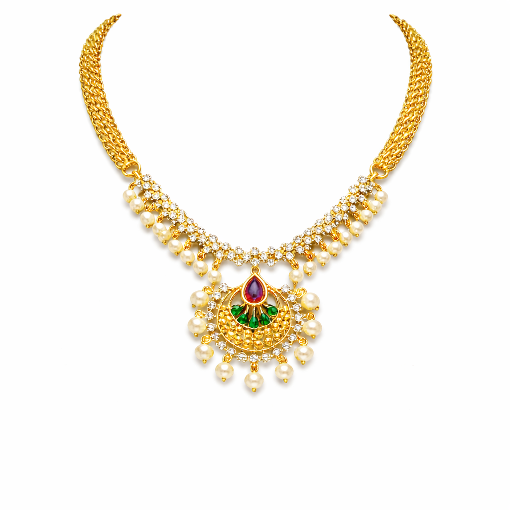 Gold Plated CZ, Crystal & AD Pendant Necklace Jewellery Set with Matching Earrings for Women – SJN_350