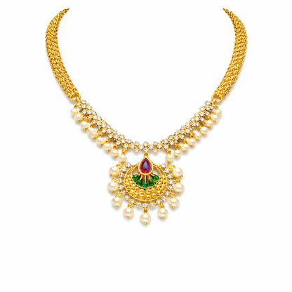 Gold Plated CZ, Crystal & AD Pendant Necklace Jewellery Set with Matching Earrings for Women – SJN_350