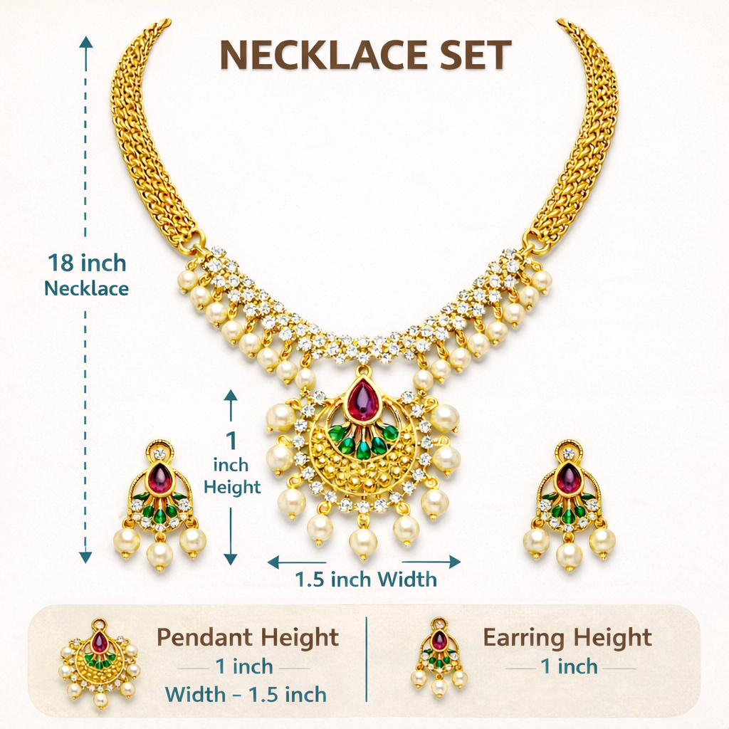 Gold Plated CZ, Crystal & AD Pendant Necklace Jewellery Set with Matching Earrings for Women – SJN_350