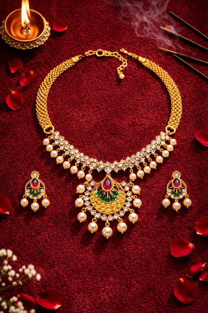 Gold Plated CZ, Crystal & AD Pendant Necklace Jewellery Set with Matching Earrings for Women – SJN_350