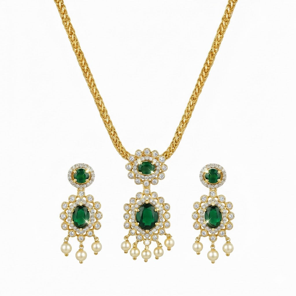 Gold Plated CZ, Crystal & AD Pendant Necklace Jewellery Set with Matching Earrings for Women – SJN_351