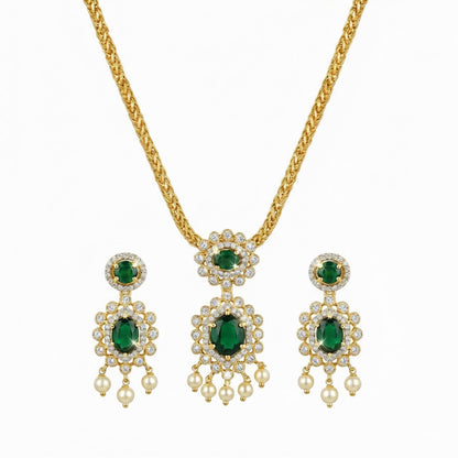 Gold Plated CZ, Crystal & AD Pendant Necklace Jewellery Set with Matching Earrings for Women – SJN_351