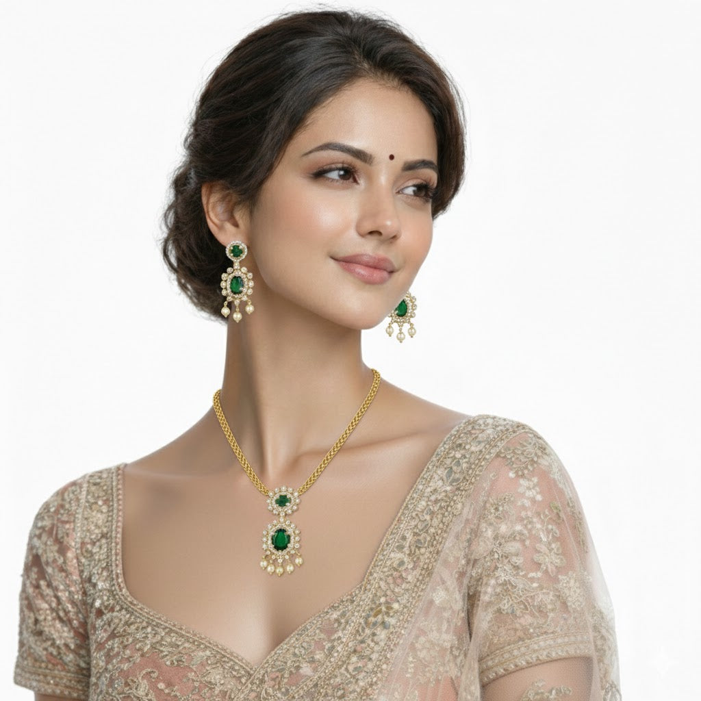 Gold Plated CZ, Crystal & AD Pendant Necklace Jewellery Set with Matching Earrings for Women – SJN_351
