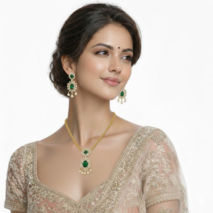 Gold Plated CZ, Crystal & AD Pendant Necklace Jewellery Set with Matching Earrings for Women – SJN_351