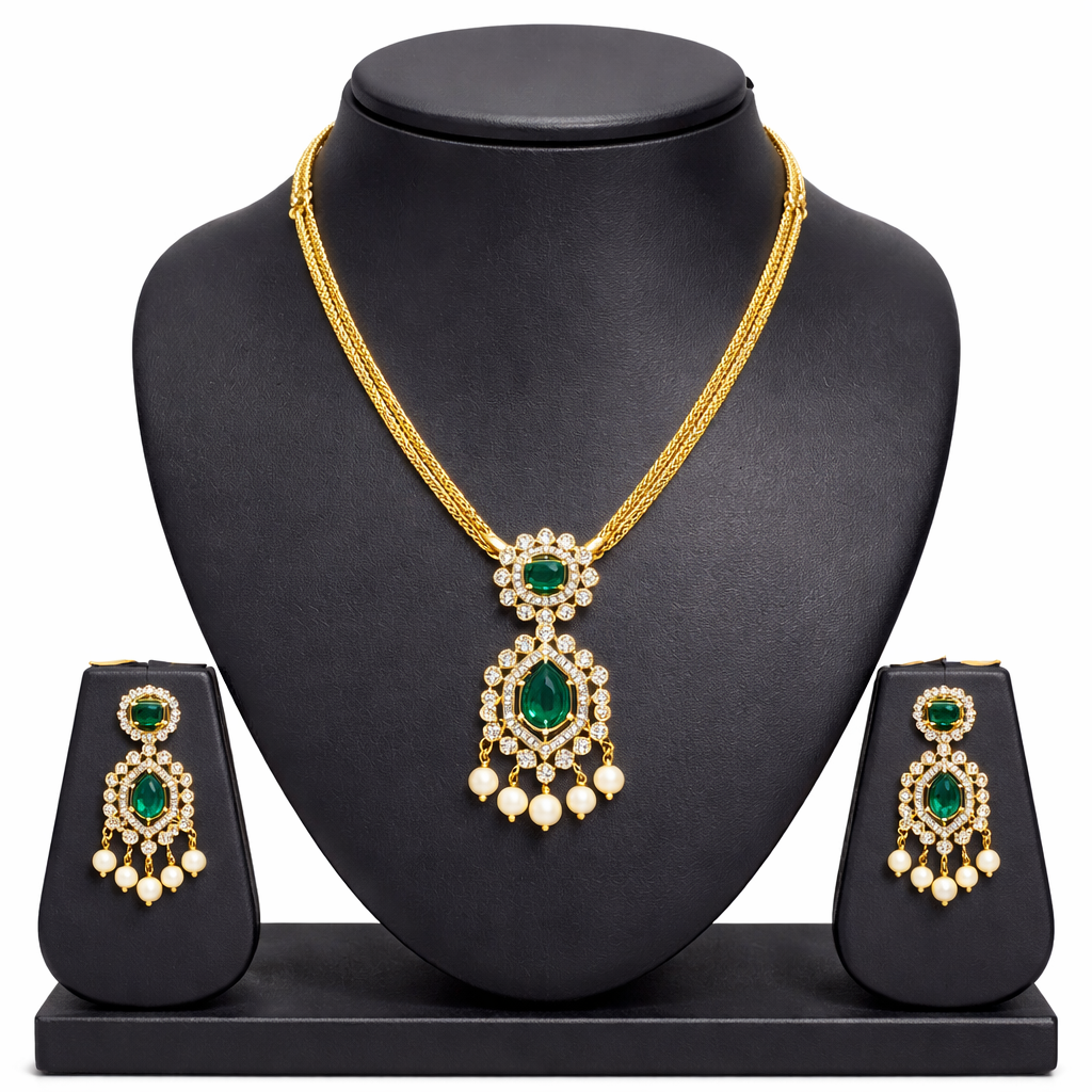 Gold Plated CZ, Crystal & AD Pendant Necklace Jewellery Set with Matching Earrings for Women – SJN_351