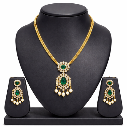 Gold Plated CZ, Crystal & AD Pendant Necklace Jewellery Set with Matching Earrings for Women – SJN_351