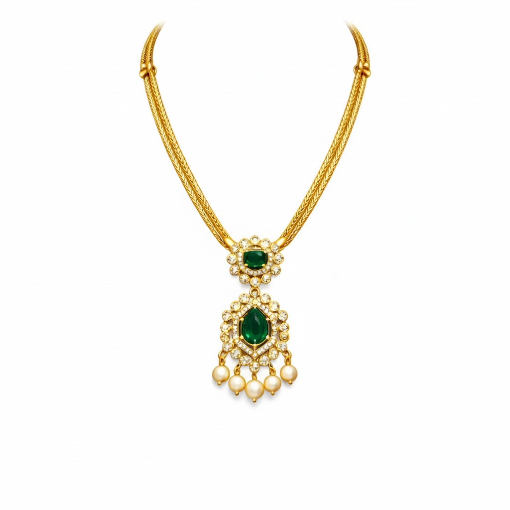 Gold Plated CZ, Crystal & AD Pendant Necklace Jewellery Set with Matching Earrings for Women – SJN_351