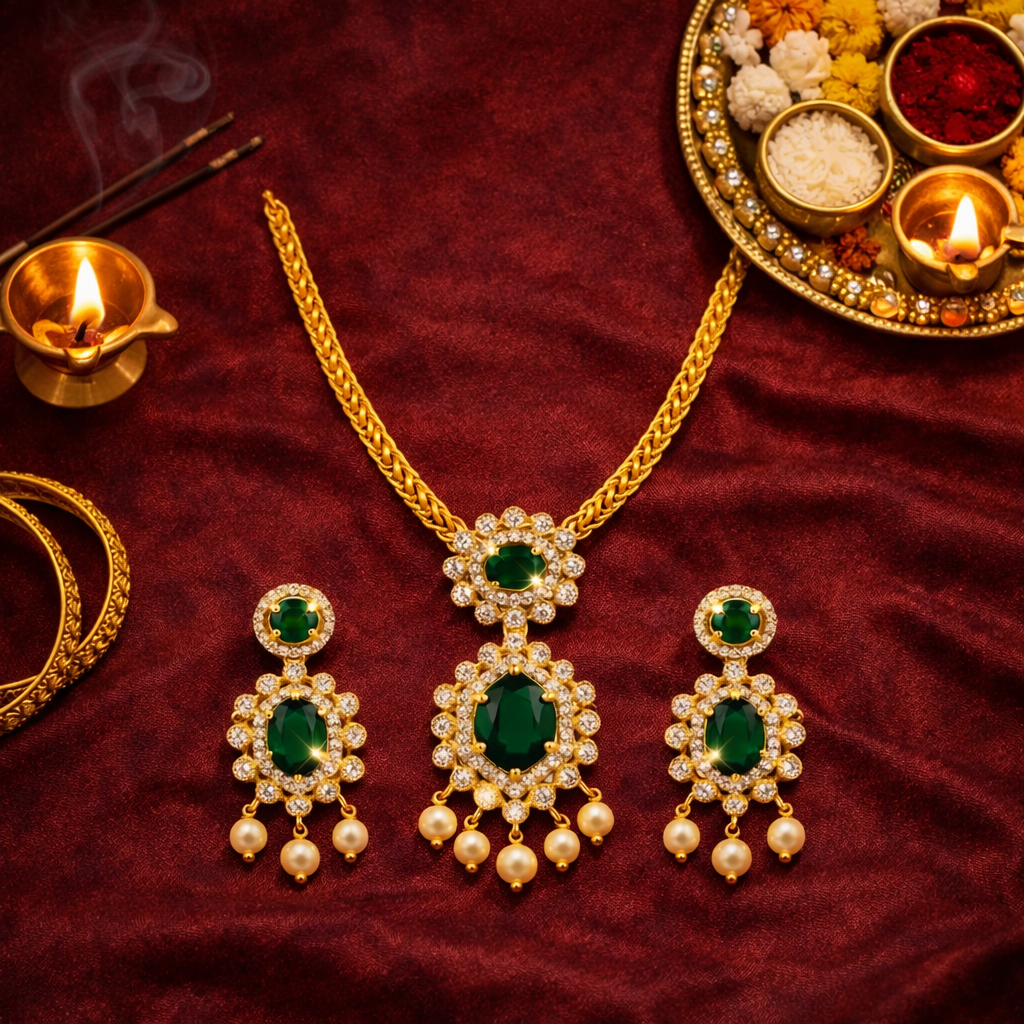 Gold Plated CZ, Crystal & AD Pendant Necklace Jewellery Set with Matching Earrings for Women – SJN_351