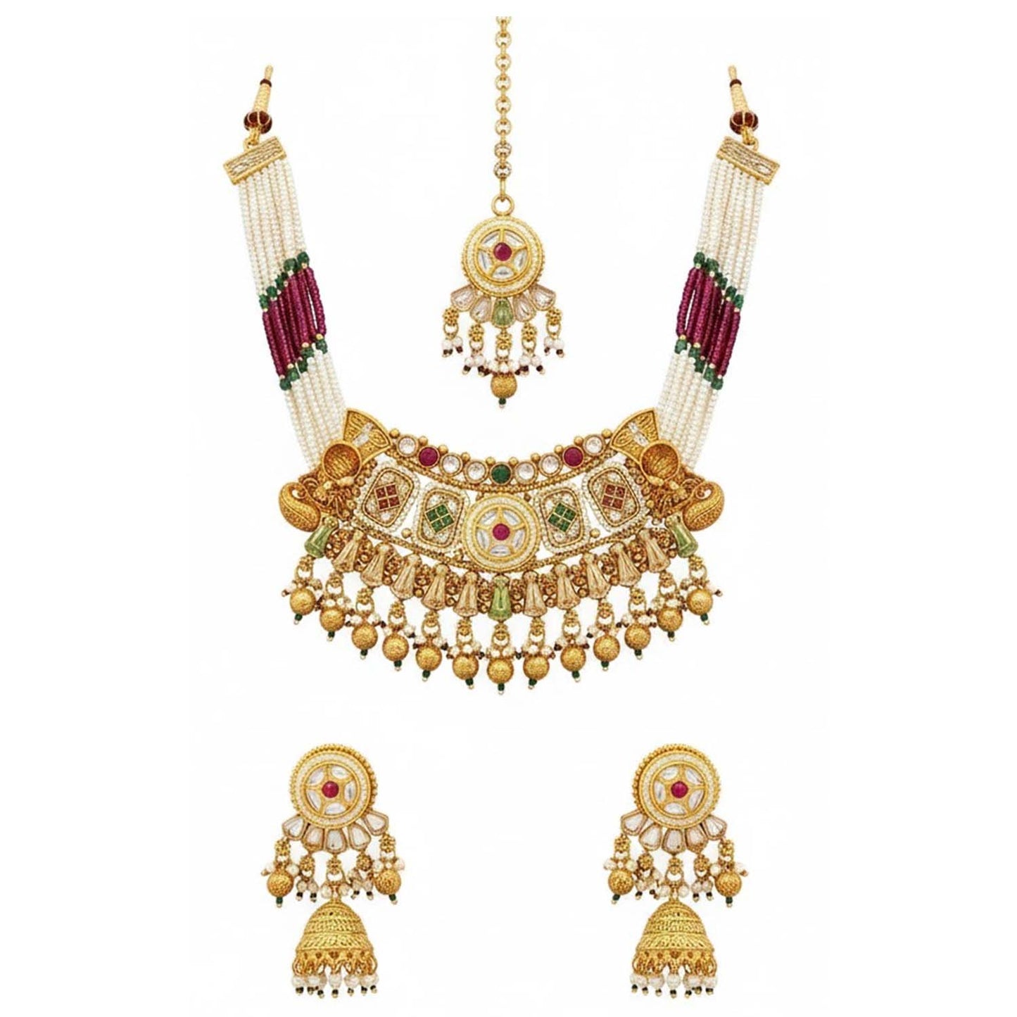 Shining Jewel Traditional Bridal Style Gold Plated Beaded Necklace Set with Matching Jhumka Earrings & Maang Tikka for Women - SJN_352