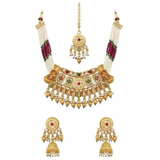 Shining Jewel Traditional Bridal Style Gold Plated Beaded Necklace Set with Matching Jhumka Earrings & Maang Tikka for Women - SJN_352